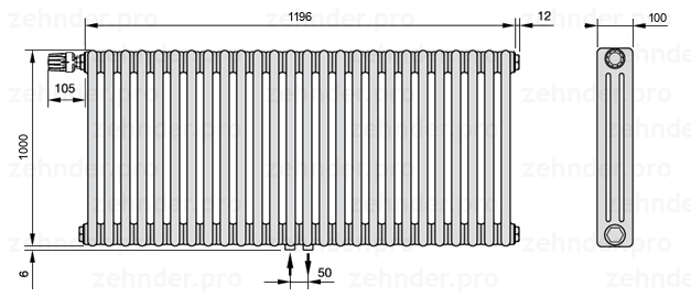 Схема (чертеж) Радиатор Zehnder Charleston 3100/26 №V007 Белый глянцевый RAL 9016